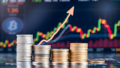 Stacked silver coins, rising arrow graph, colorful stock market chart, financial data display, cryptocurrency symbols, economic growth visualization, investment concept, digital trading background, me