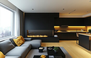 Modern living room interior design featuring black cabinetry, a grey sofa, yellow pillows, and a contemporary fireplace. Natural light enters through