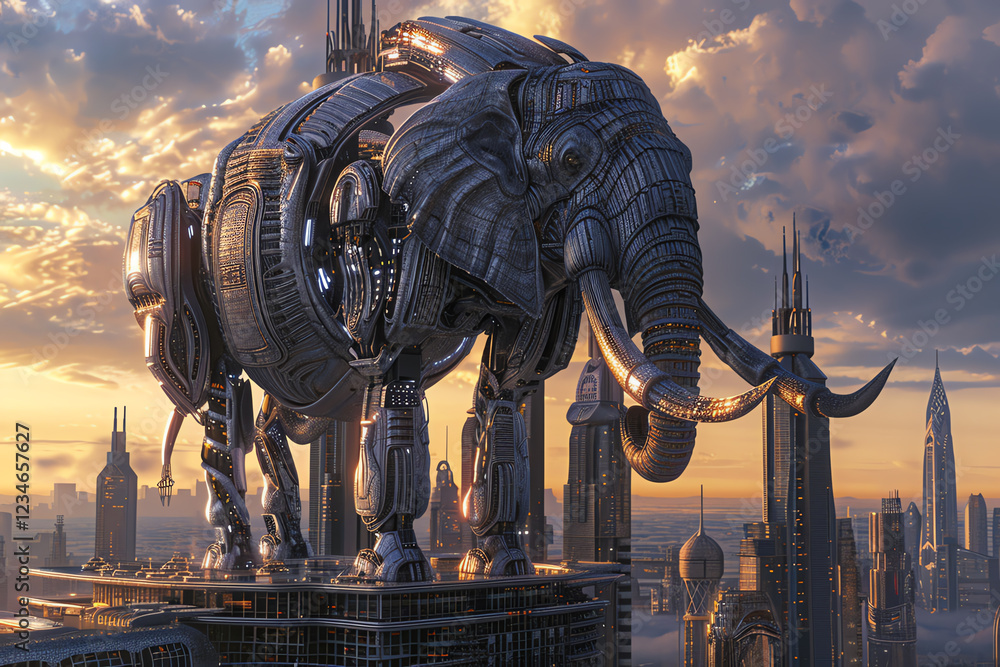 Poster capture the majesty of a robotic elephant towering against the skyline with intricate details in cg 