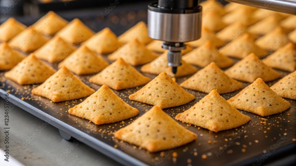 Aufkleber automated food printing machine preparing many small triangular crackers for baking in a modern food
