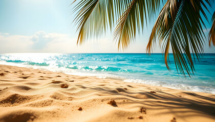 Obraz premium Tropical paradise, pristine sandy beach, crystal clear turquoise water, palm fronds framing view, idyllic Caribbean coastline, fluffy white clouds, tranquil ocean scene, golden sunlight, palm tree sha