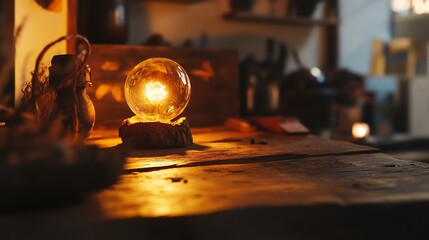 Warm glowing light bulb on rustic wooden table creating a cozy atmosphere with a small candle