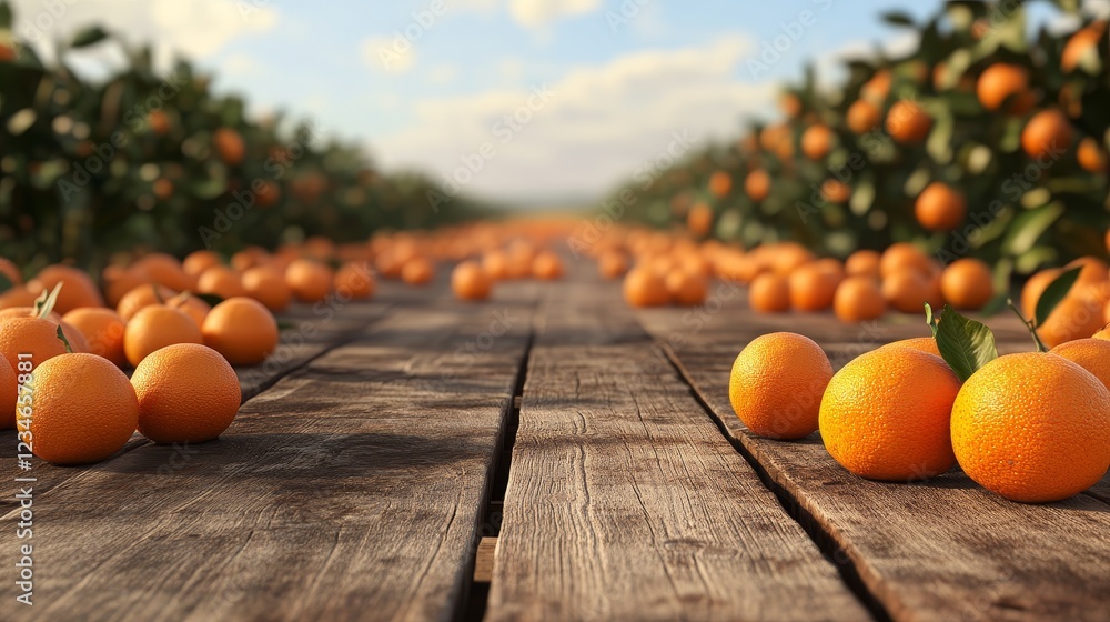 Poster for product display montage - generative ai a wooden table with blank space over orange trees, frame