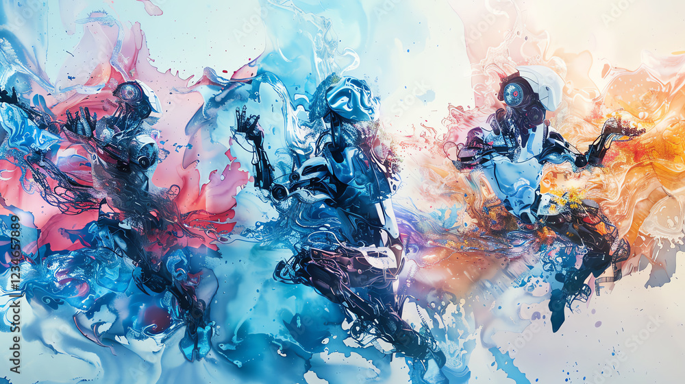 Poster capture the mesmerizing fusion of robotics advancements and dance forms in a stunning watercolor pai