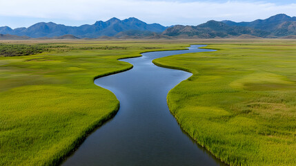 Serpentine river meandering through lush green wetlands, mountain backdrop, aerial view, nature photography