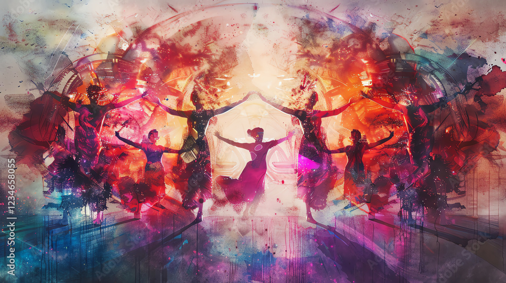 Poster capture the mesmerizing fusion of robotics advancements and dance forms in a stunning watercolor pai