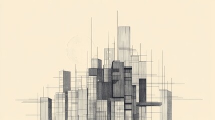 Obraz premium Abstract architectural illustration depicting a cityscape with geometric shapes and lines