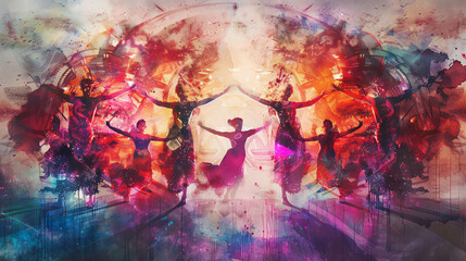 Capture the mesmerizing fusion of robotics advancements and dance forms in a stunning watercolor painting Show a panoramic view with intricate movements and innovative lighting techniques to bring the