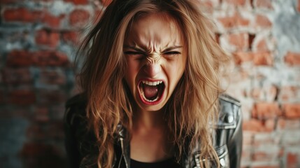 A young woman stands against a rugged brick wall, her face filled with raw emotion as she screams, expressing frustration and intensity.