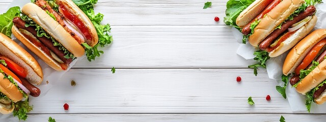 Top view of a summer BBQ or picnic with double borders, showcasing hamburgers, hot dogs, salad, and snacks. Set against a white wood banner background with blank space for text