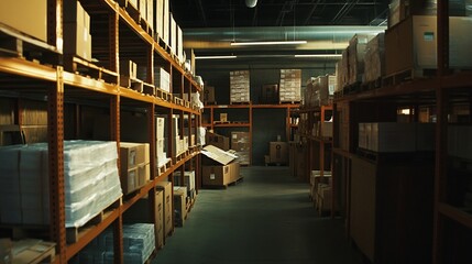 Fototapeta premium Warehouse Storage with Shelves Full of Cardboard Boxes, Distribution Center Concept
