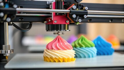 State of the art 3d food printer creating vibrant, multi layered pastry swirls, highlighting innovative technology reshaping culinary practices in the food industry