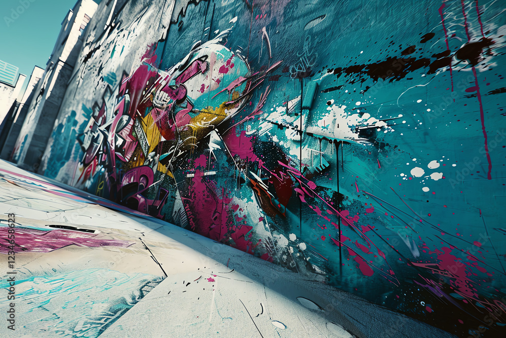 Poster capture the vibrant colors and dynamic perspectives of street art from a worms-eye view in a photore