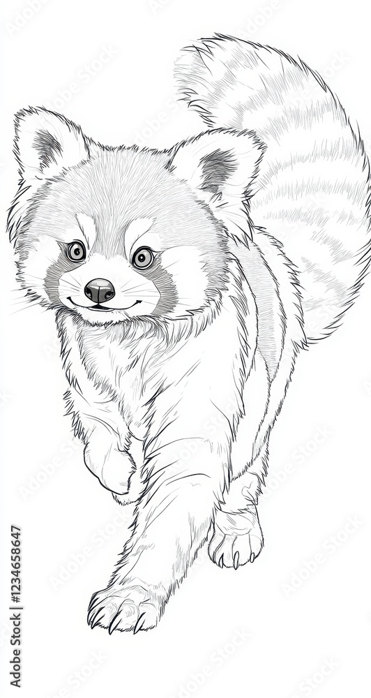 Poster monochromatic sketch of a red panda, rendered in stippling technique, showcasing intricate detail an