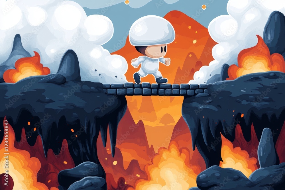 Poster A pixel art character tentatively crossing a narrow bridge over a lava-filled chasm in a retro-style video game, with animated fire and glowing pixel effects