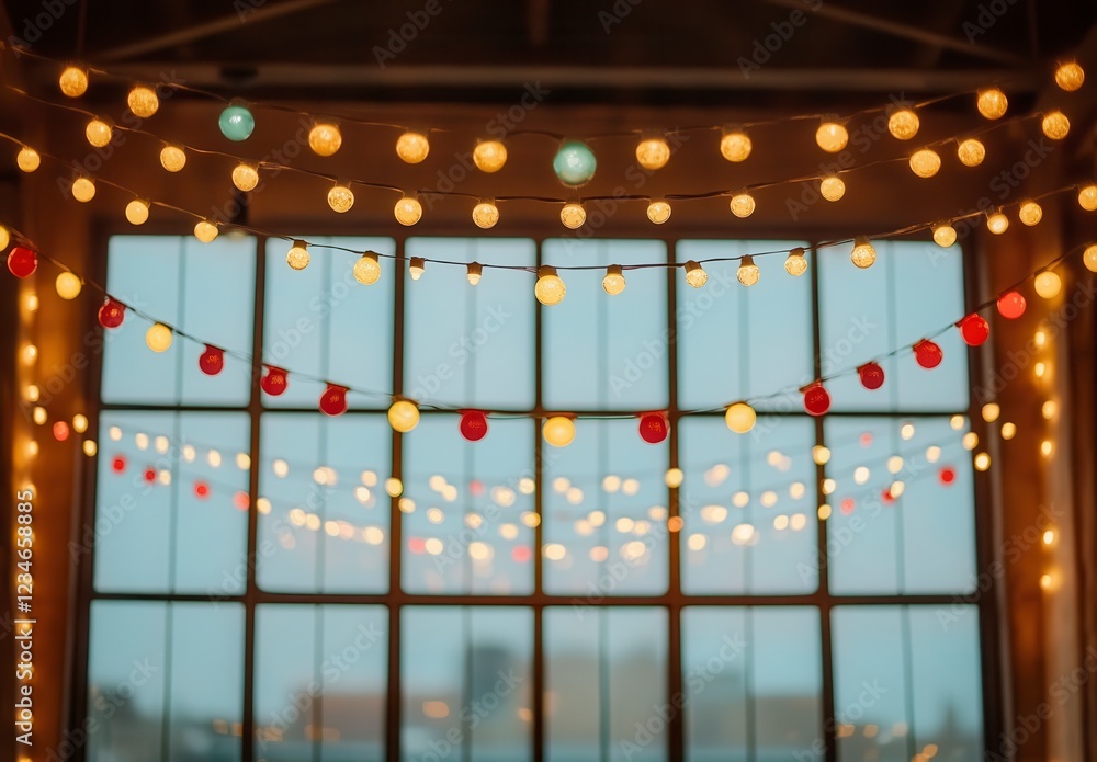 Poster warm toned string lights illuminate a large window in an industrial style space, creating a festive 