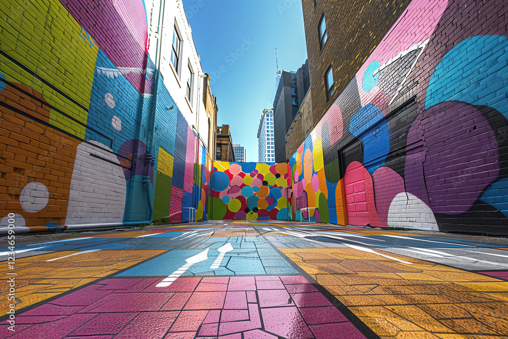 Poster capture the vibrant colors and dynamic perspectives of street art from a worms-eye view in a photore