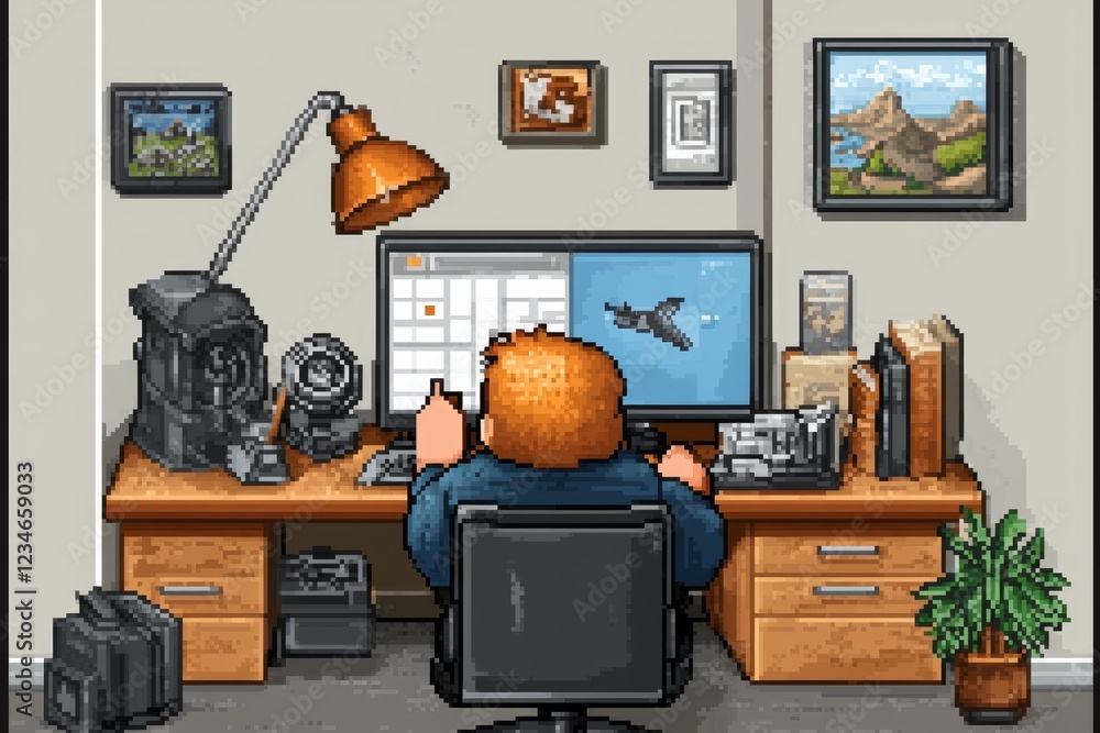 Aufkleber A pixel art scene of a character checking off boxes on a glowing 8-bit checklist, set in a retro-style office with small, animated details like a flickering lamp and a bouncing icon