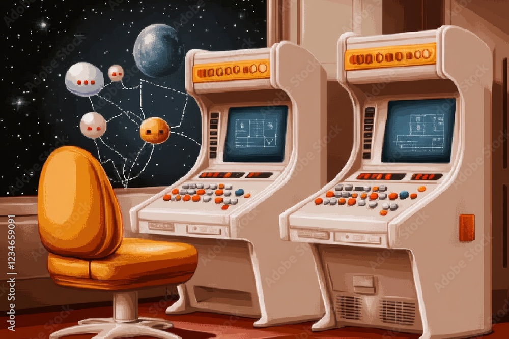 Poster A pixel art depiction of two rows of characters and objects, with animated lines connecting each character to its respective tool, set in a retro gaming interface