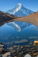Obraz premium Stunning mountain reflection in clear lake with rocky shoreline during bright sunny day