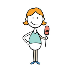Stick-figure of a pregnant woman craving ice cream, holding her belly with one hand and an ice cream cone in the other, expressing joy and excitement. Simple, fun, and playful design.