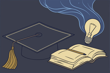 Graduation cap, glowing light bulb, open book, wispy blue smoke, dark background, wooden surface, knowledge concept, education symbolism, illumination metaphor, academic achievement, learning visua