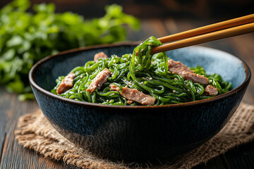 Delicious green noodle dish featuring fresh ingredients served in a rustic bowl on a wooden table