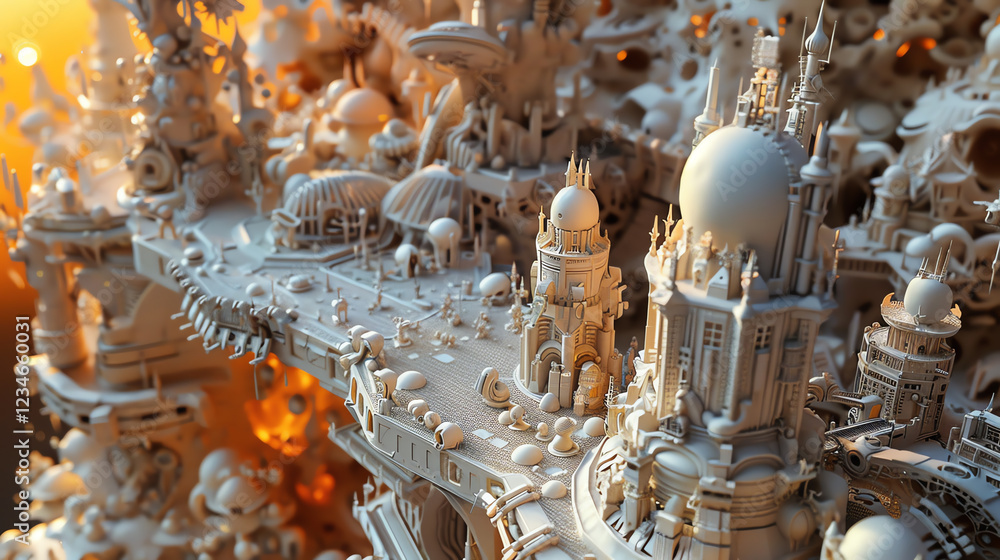 Poster craft a clay sculpture showcasing mystical beings navigating a vibrant futuristic city, viewed from 