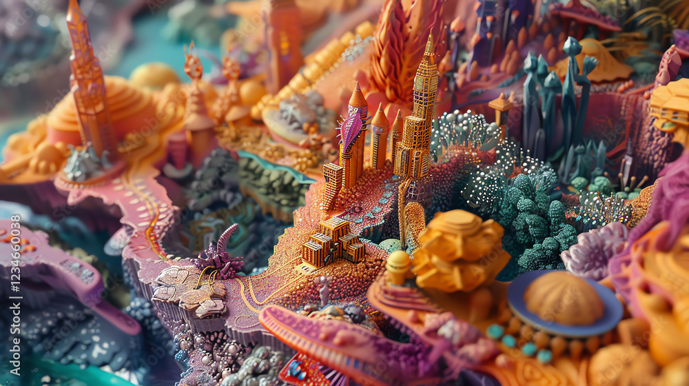 Poster craft a clay sculpture showcasing mystical beings navigating a vibrant futuristic city, viewed from 