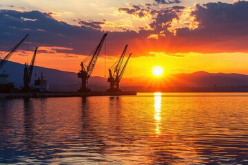 Obraz premium A stunning sunset reflects on the water, with silhouettes of cranes against a dramatic sky, creating a serene port scene.