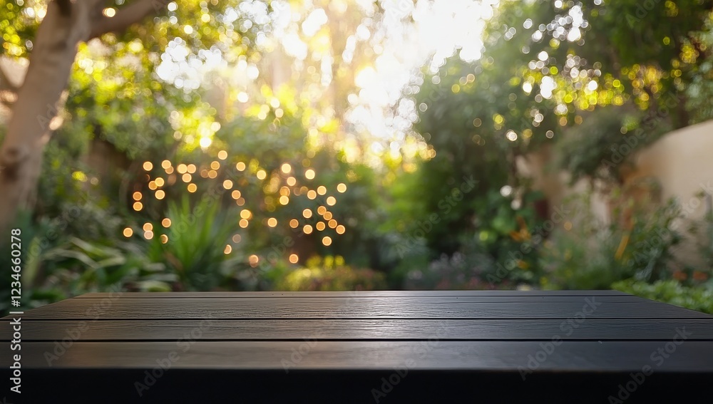 Poster a detailed view of a rustic wooden picnic table as the sun sets. the table is placed in an overgrown