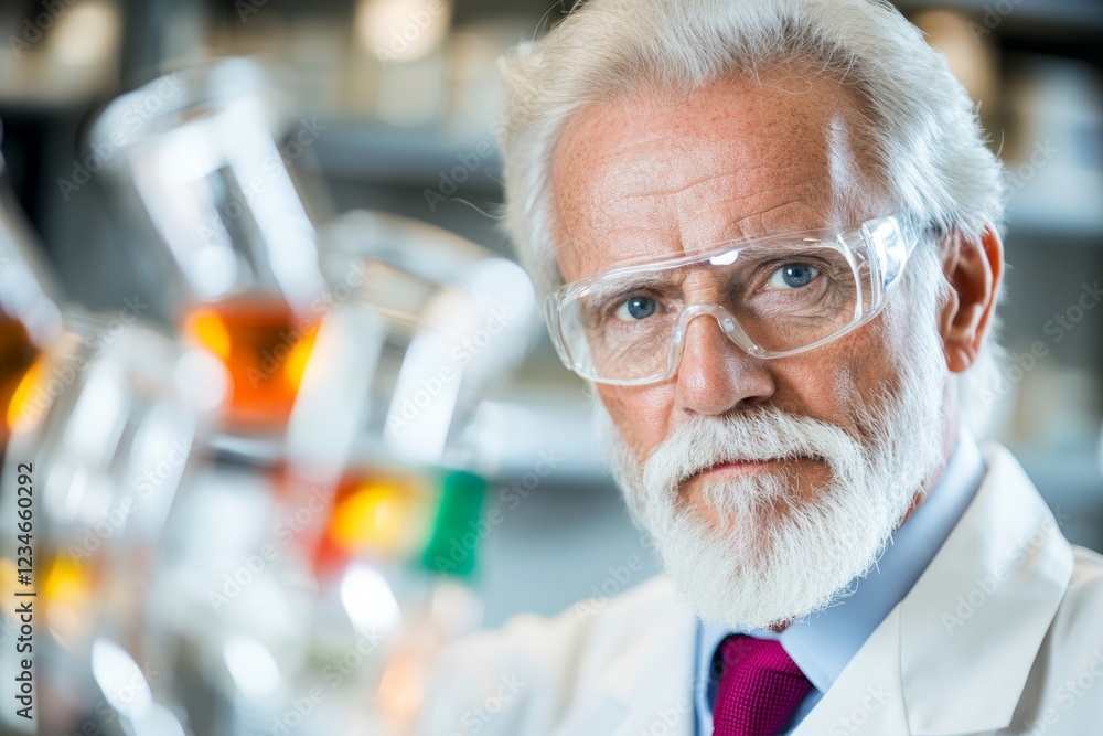 Aufkleber a scientist in a lab replacing one chemical with a safer substitute in an experiment, with test tube