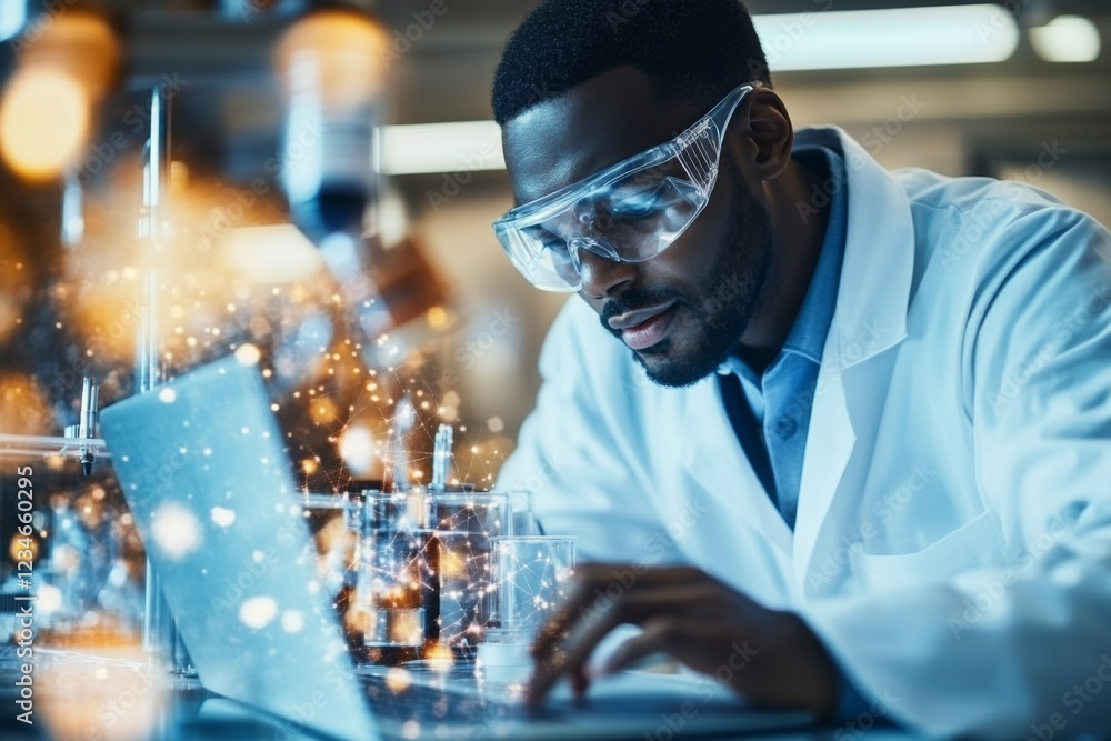 Poster A scientist ensuring there is sufficient data recorded for an experiment, reviewing notes and graphs on a laptop in a lab