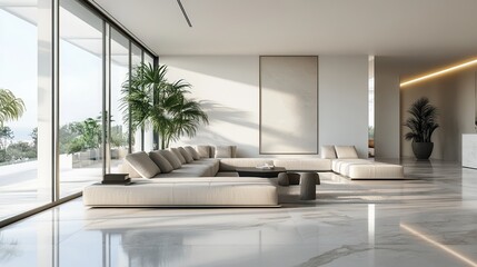 Fototapeta premium Living room with sofas, plants, and marble floor; outdoor view from windows