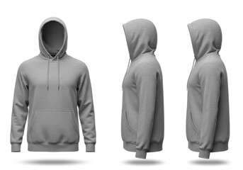 A plain gray hoodie displayed from three perspectives front, back, and side