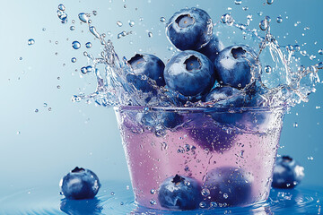 Fresh blueberries splash into clear water creating a vibrant burst of color and energy in the setting