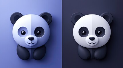 Obraz premium Two adorable cartoon pandas, one on a blue background and one on a black background. They are sitting and facing forward.