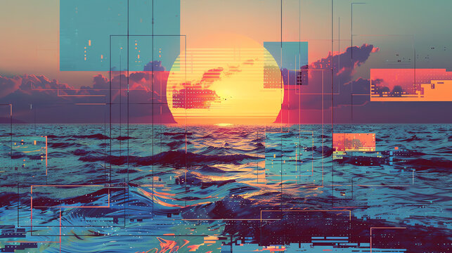 Craft a digital glitch art design featuring surreal geometric shapes against a serene ocean horizon, utilizing pixelated textures and vibrant hues