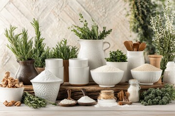 Fototapeta premium A set of measuring cups aligned in ascending order, with corresponding ingredients placed in front of them