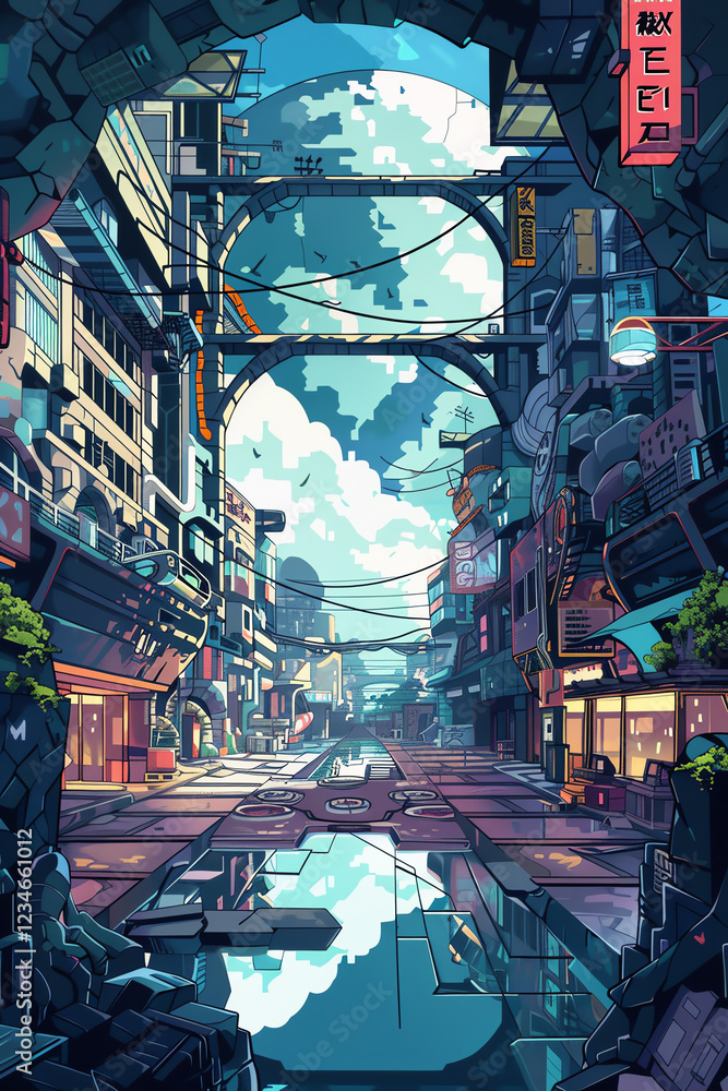 Poster craft a digital pixel art scene featuring a futuristic urban setting colliding with breakdance chore