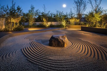 minimalist zen garden at twilight, raked sand patterns creating mesmerizing geometric shapes, single stone centerpiece, soft moonlight casting shadows