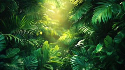 Lush tropical jungle with sunlit foliage
