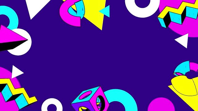 Retro abstract 90's style design background animation. Neon geometrical shapes of different vintage colors. Seamless loop 4k pop art design. Violet, yellow, purple, green, blue, cyan and pink colors.