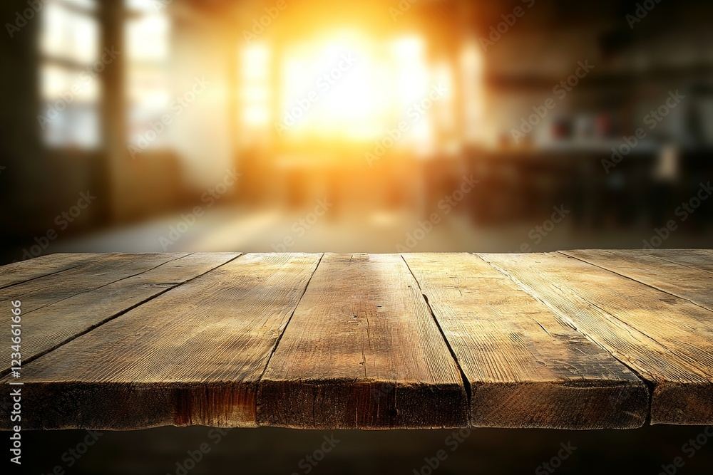 Poster contemporary office space with a blurred background and a wooden table in the foreground, ideal for 