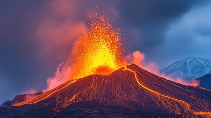 Spectacular volcanic eruption with glowing magma rivers in nature's fury high fidelity viewpoint