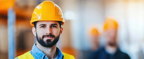 A smiling construction worker in a yellow hard hat and safety vest, standing in a warehouse setting with blurred colleagues in the background.