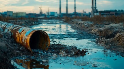 Polluted Industrial Landscape With Rusty Pipe Discharging Wastewater