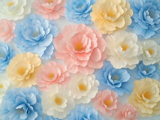 Pastel colored paper flowers arranged in a dense pattern. Light background. Soft, romantic aesthetic. Detailed, textured petals. Close up view