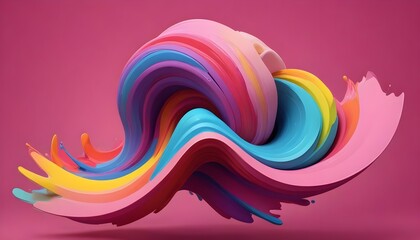 Colorida forma abstracta en 3D con capas arremolinadas de colores del arco iris sobre un fondo rosa intenso