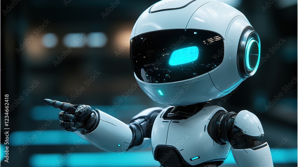 Poster a futuristic robot with a glowing visor pointing, set in a sleek environment.